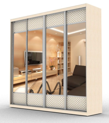 Шкаф-купе четырехдверный с вставками из искусственной кожи, МДФ и пластика с зеркалом (модель 4.6) — Аэлита